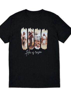 TikTok Shop "He Is Risen" Christian Graphic Tee Black Resurrection Art T-Shirt